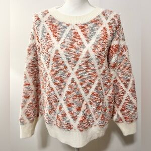 Pink Lily Diamond Pattern Pullover Sweater. Cream with Soft Oranges/Pink. Size M